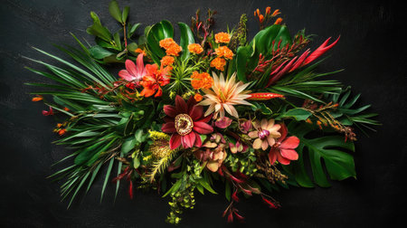 An artistic top view of a floral arrangement with exotic flowers and greenery.の素材