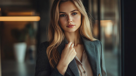 Businesswoman adjusting her blazer, ready for a meeting. -の素材