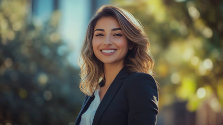 Businesswoman in a smart suit, smiling confidently while standing outdoors.の素材