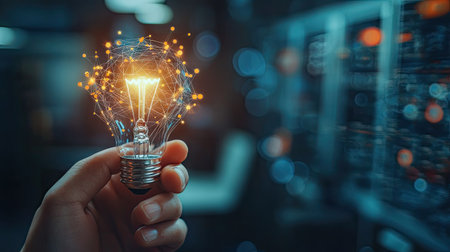 Businessman hand holding creative light bulb with industry network,analysis solution and development marketing network icons planning strategy, Modern business, Innovative of new ideas.の素材
