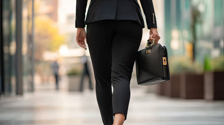 Businesswoman holding a briefcase, ready to step into a meeting.の素材