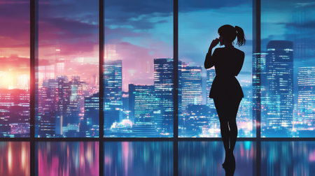 Businesswoman on a phone call, standing by a large window with city view.の素材