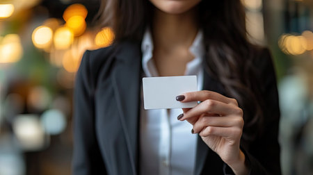 Businesswoman holding a business card, ready to network. -の素材