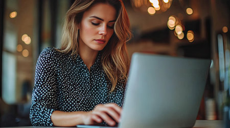 Businesswoman working on a laptop at her desk with focused expression.の素材
