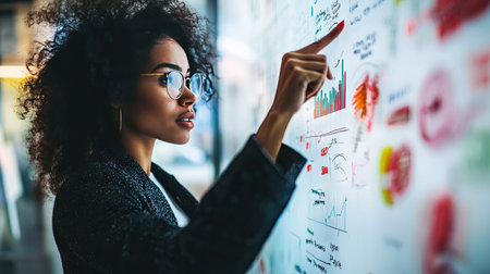Businesswoman pointing at data on a whiteboard, explaining a strategy.の素材
