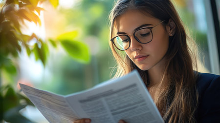 Businesswoman wearing glasses, reading a report.の素材