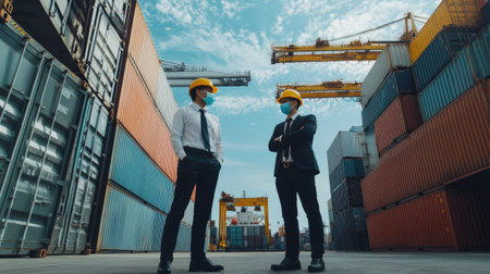 Businessman standing at shipyard and engineer wearing mask partner stand at container yard, loading containers box from cargo freight ship for import and export, teamwork partnership concept.の素材