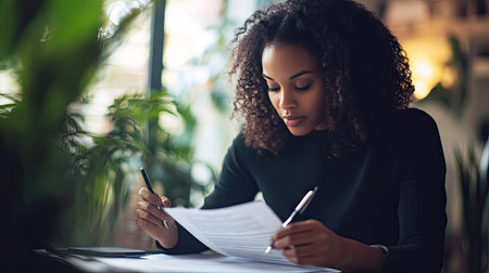 Businesswoman holding a pen and looking over a business proposal. -の素材