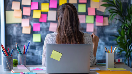 Businesswoman working on a laptop with sticky notes and office supplies around. -の素材