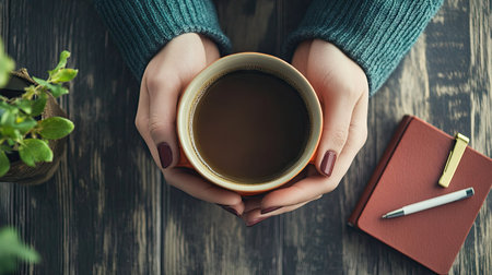 Businesswoman's hands holding a cup of coffee with a notebook and pen nearby. -の素材