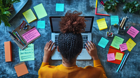 Businesswoman working on a laptop with sticky notes and office supplies around. -の素材