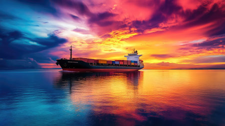 Cargo ship sailing away against colorful sunsetの素材