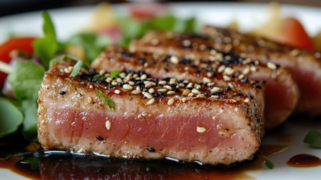 Close-up of a beautifully seared tuna steak with a sesame crust and soy glaze.の素材