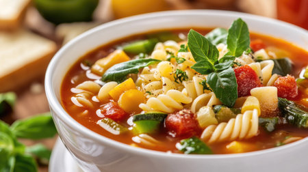 Close-up of a bowl of minestrone soup with vegetables and pasta.の素材