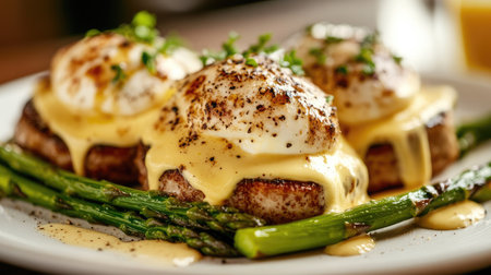 Close-up of a gourmet brunch plate with eggs Benedict, hollandaise sauce, and asparagus.の素材