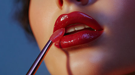Close-up of a woman applying a layer of lip gloss over her lipstick for extra shine.の素材