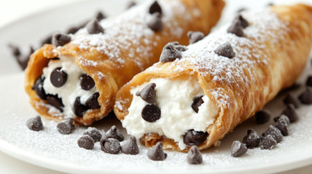 Close-up of a serving of cannoli with ricotta filling and chocolate chips.の素材