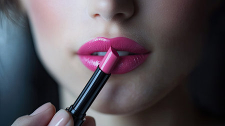 Close-up of a woman holding a tube of pink lipstick near her lips, ready to apply.の素材