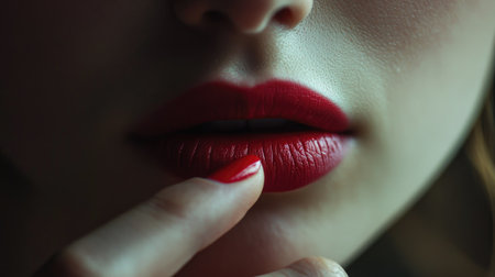 Close-up of a woman gently pressing her lips together to blend the lipstick.の素材