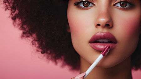 Close-up of a woman applying liquid lipstick with a precise applicator.の素材