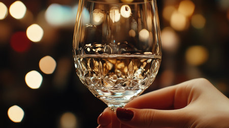 Close-up of a woman's hand holding a crystal glass of wine.の素材