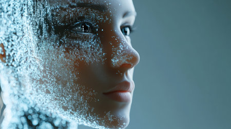 Digital transformation: AI artificial intelligence seamlessly integrated into a human face in a 3D illustration. Futuristic concept of human-tech symbiosis.の素材