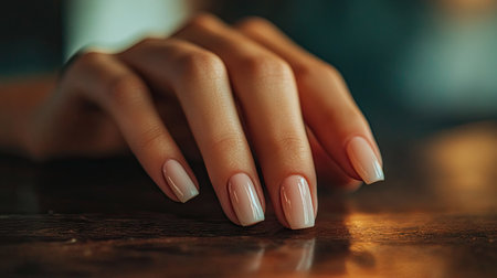 Close-up of a woman's hand with perfectly painted nails, resting on a table.の素材
