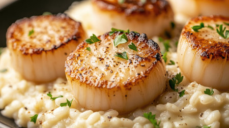 Close-up of seared scallops on a bed of creamy risotto with parsley garnish.の素材