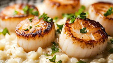 Close-up of seared scallops on a bed of creamy risotto with parsley garnish.の素材