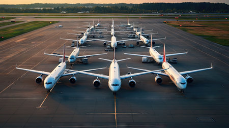 Commercial airplane parking at the airport are stopped effect by covid-19 pandemic around the world economic down crisis, Airplanes are parking at maintenance area because of COVID-19 travel alertの素材