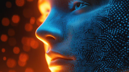 Digital transformation: AI artificial intelligence seamlessly integrated into a human face in a 3D illustration. Futuristic concept of human-tech symbiosis.の素材