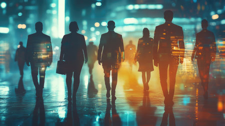 Group of business people outlines with lit background . Mixed mediaの素材