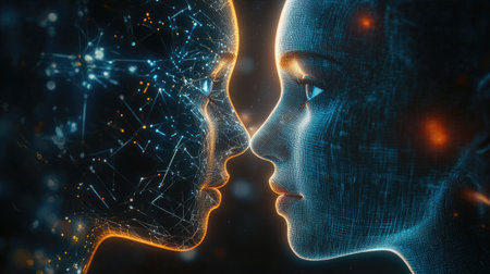 Digital transformation concept: AI artificial intelligence merging with a human face in a 3D illustration. Futuristic technology and human connection.の素材