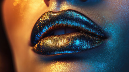 Close-up of a woman's lips with metallic lipstick, reflecting light for a dramatic effect.の素材
