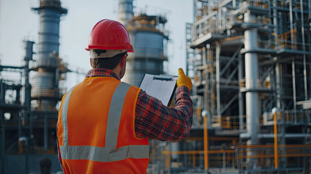 Construction Worker Planning Contractor Checking at site gas, oil, energy and factory construction.の素材