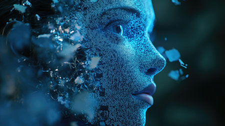 Digital transformation: AI artificial intelligence seamlessly integrated into a human face in a 3D illustration. Futuristic concept of human-tech symbiosis.の素材