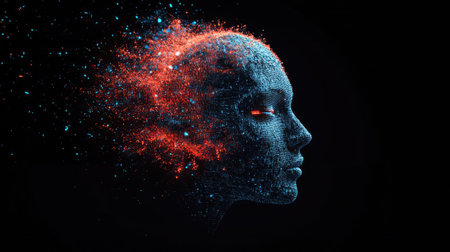 Digital transformation: AI artificial intelligence depicted as part of a human head in a 3D illustration. Futuristic concept of human and machine integration.の素材