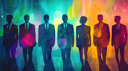 Group of business people outlines with lit background . Mixed media -の素材