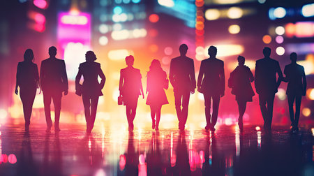 Group of business people outlines with lit background . Mixed mediaの素材