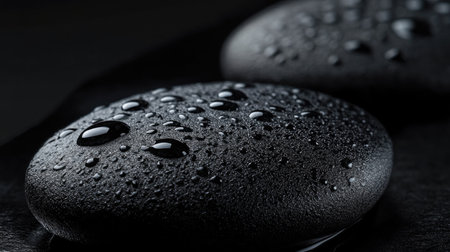 Macro shot of water drops on a black textured surface, emphasizing the contrast and detail of water droplets, ideal for abstract and moody photographyの素材