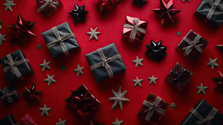 A top-down view of wrapped Christmas gift boxes, stars, and decorations on a red backdrop, capturing the urgency of racing against time for holiday presents.の素材