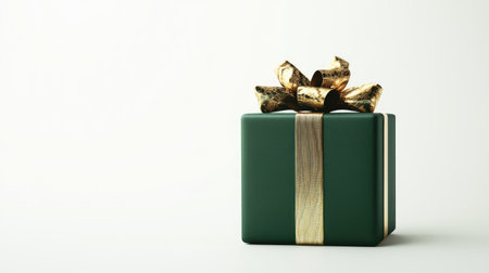 A stylish green gift box tied with an intricate gold bow and ribbon, standing out against a minimalist white background.の素材
