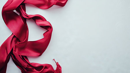 A top-down view of two luxurious red ribbons flowing gracefully on a clean white background, perfect for creating an elegant, festive vibe.の素材