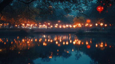 A vibrant display of Chinese New Year lanterns illuminating a park at night, reflected in a nearby tranquil lake.の素材