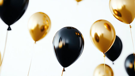 Elegant D gold and black balloons floating in the air, with a clean white background, creating the perfect atmosphere for a celebration banner or greeting card.の素材