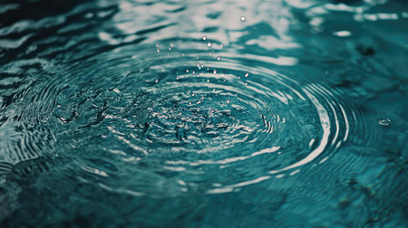 Raindrops falling on the surface of clear blue water, creating concentric circles that expand outward, perfect for nature and water-themed photosの素材