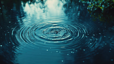 Rain drops causing circular ripples on the surface of blue water, evoking a peaceful, calming atmosphere ideal for tranquil nature photo shootsの素材