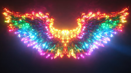 Bright, multicolored neon Christmas lights garland glowing in 3D, arranged into an angel frame with a transparent backdropの素材