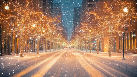 Snow falls softly on a city street lined with bright Christmas trees, creating an abstract, blurred light effect that gives a magical feel to the sceneの素材