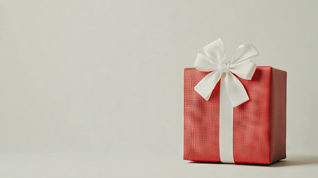 Red gift box with a white bow ribbon, isolated on a white backdrop, showcasing an elegant and festive gift idea for Christmas or New Yearの素材